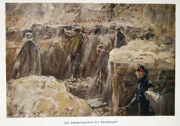 William, Tysklands kronprins, besöker trupperna bakom linjerna i deras skyttegravar på en pub i Champagne. 1917 (litografi i färg)